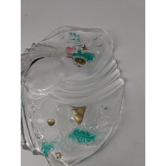 Clear Glass Christmas Candy Bowl/Platter with etched Santa & Florals 9" Diameter - Picture 5 of 11